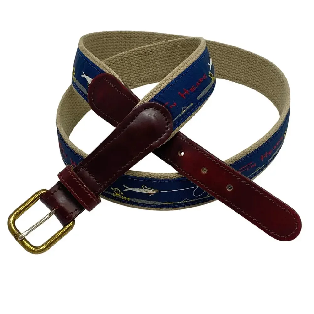 Vintage Fin Heads Mens 40 Leather Golf Belt Fishing Lure Embroidery Brass Buckle